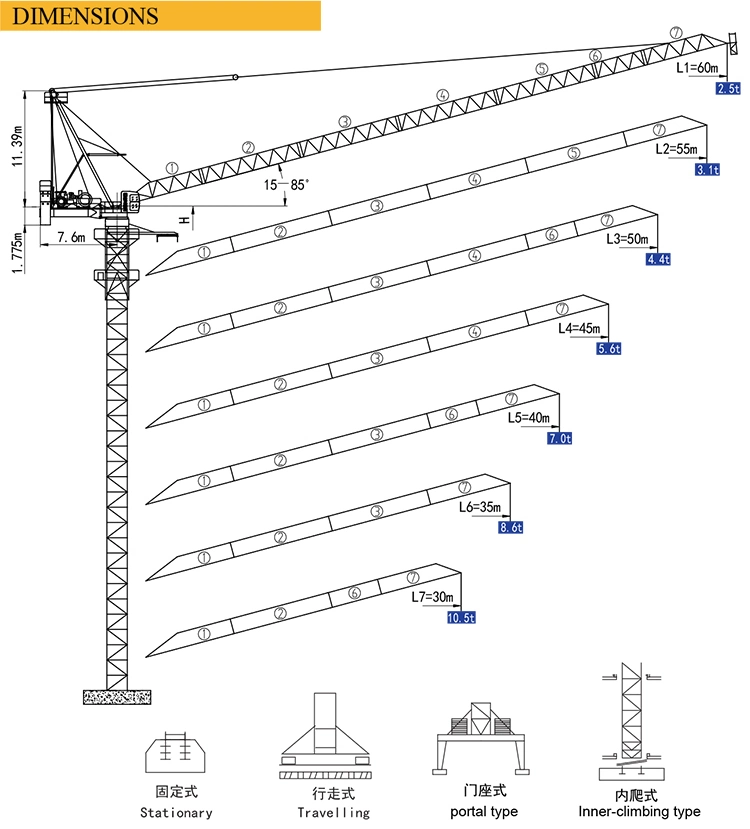 XCMG Construction Machine XL6025-20 Luffing Tower Crane for Sale